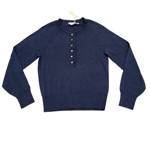 Sundance Navy Blue Lila Lovely Ruffle Crewneck Sweater Size PXS